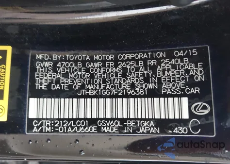 2015 Lexus Es 350 z USA, uszkodzony, nr VIN JTHBK1GG7F2196381